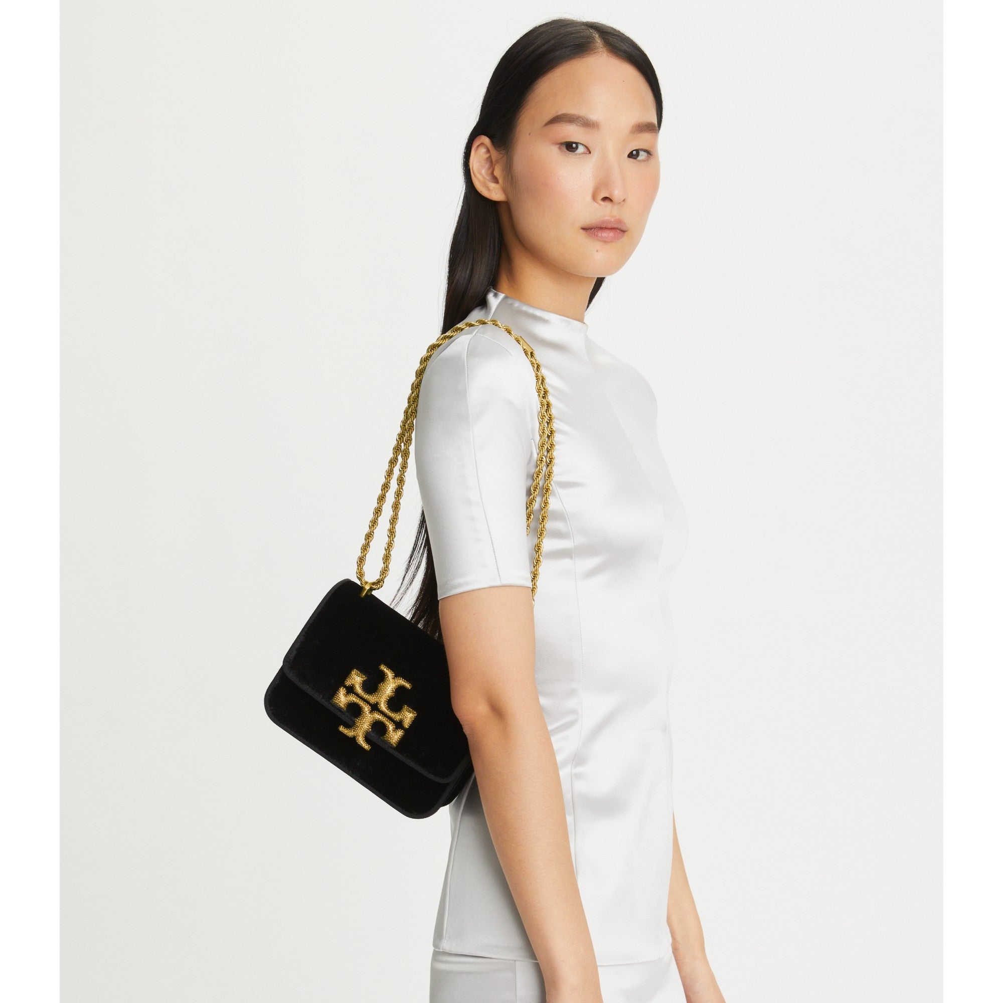 Women Eleanor Velvet Pave Logo Small Convertible Shoulder Bag - Black