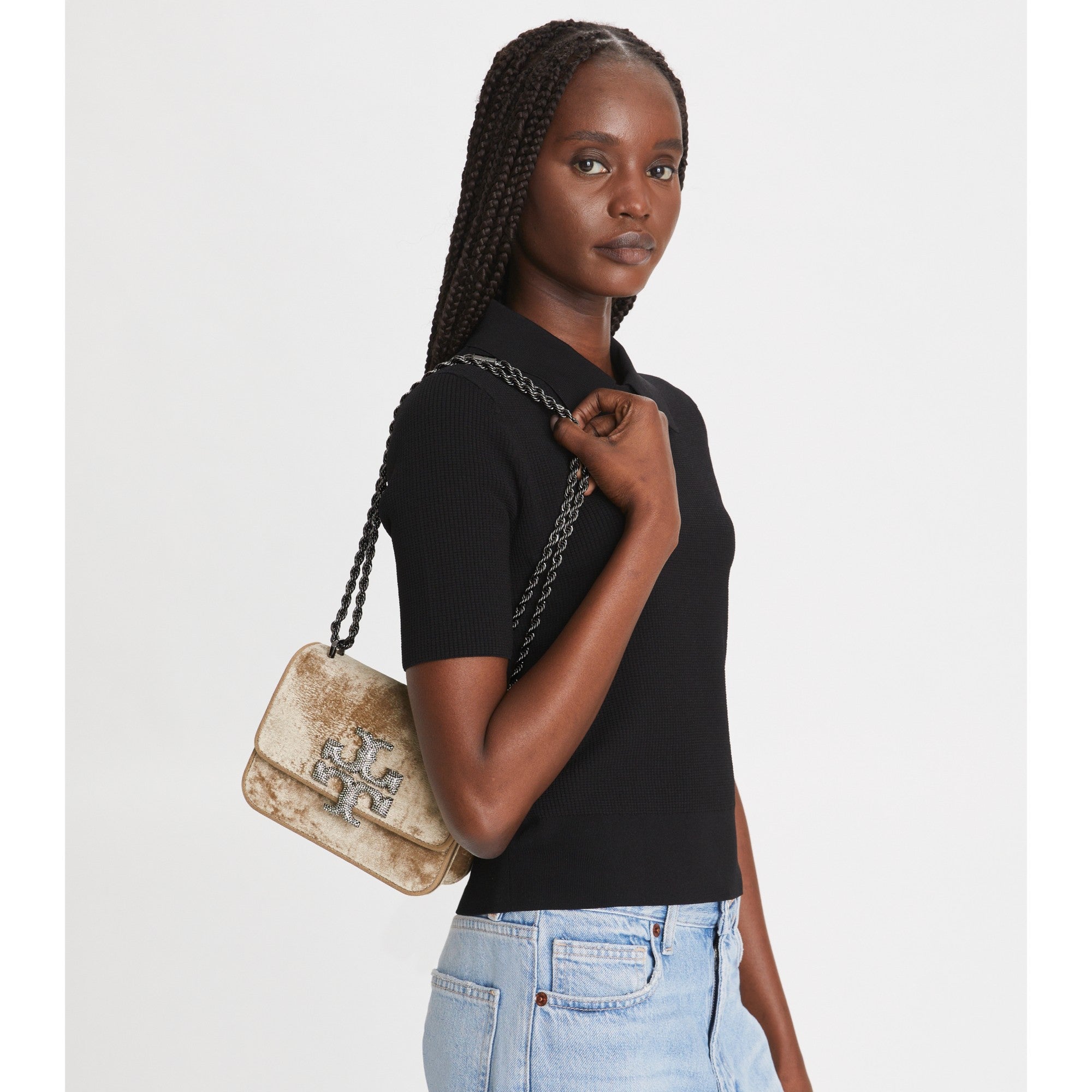 Women Eleanor Velvet Pave Logo Small Convertible Shoulder Bag - Classic Taupe