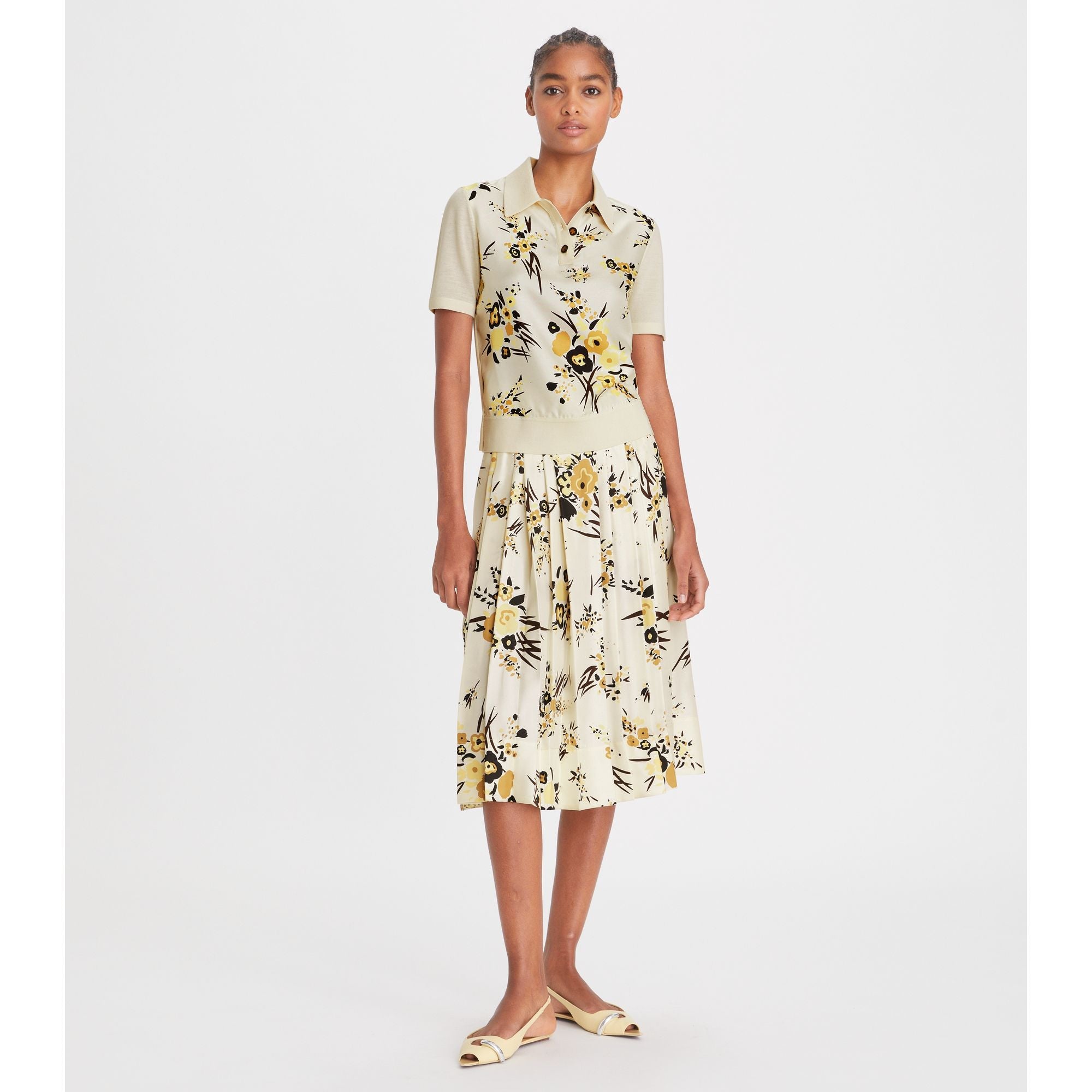 Women Printed Silk Pleated Skirt - French Cream Drip Bouquet
