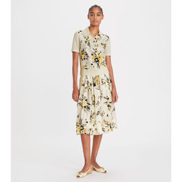 Women Printed Silk Pleated Skirt - French Cream Drip Bouquet