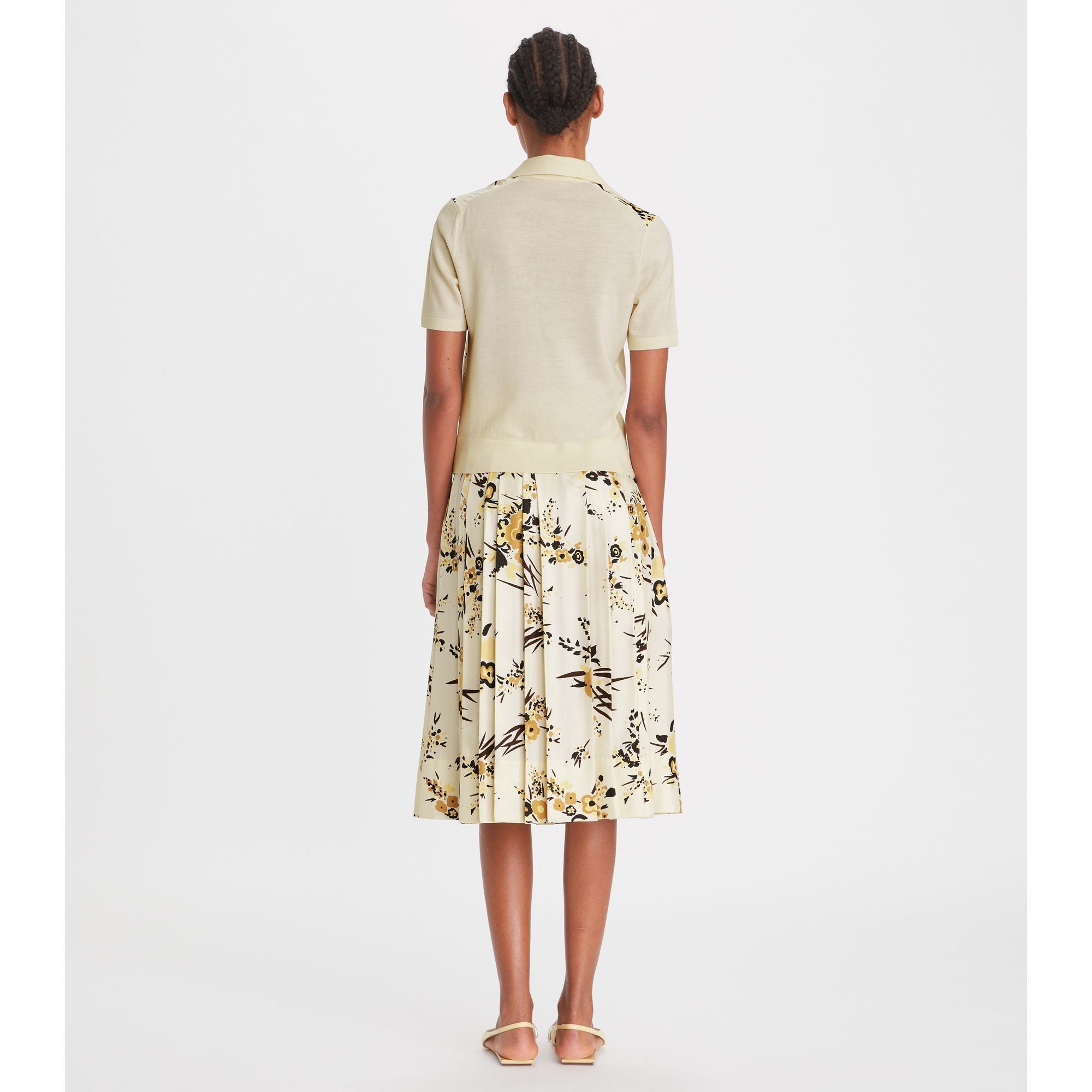 Women Printed Silk Pleated Skirt - French Cream Drip Bouquet
