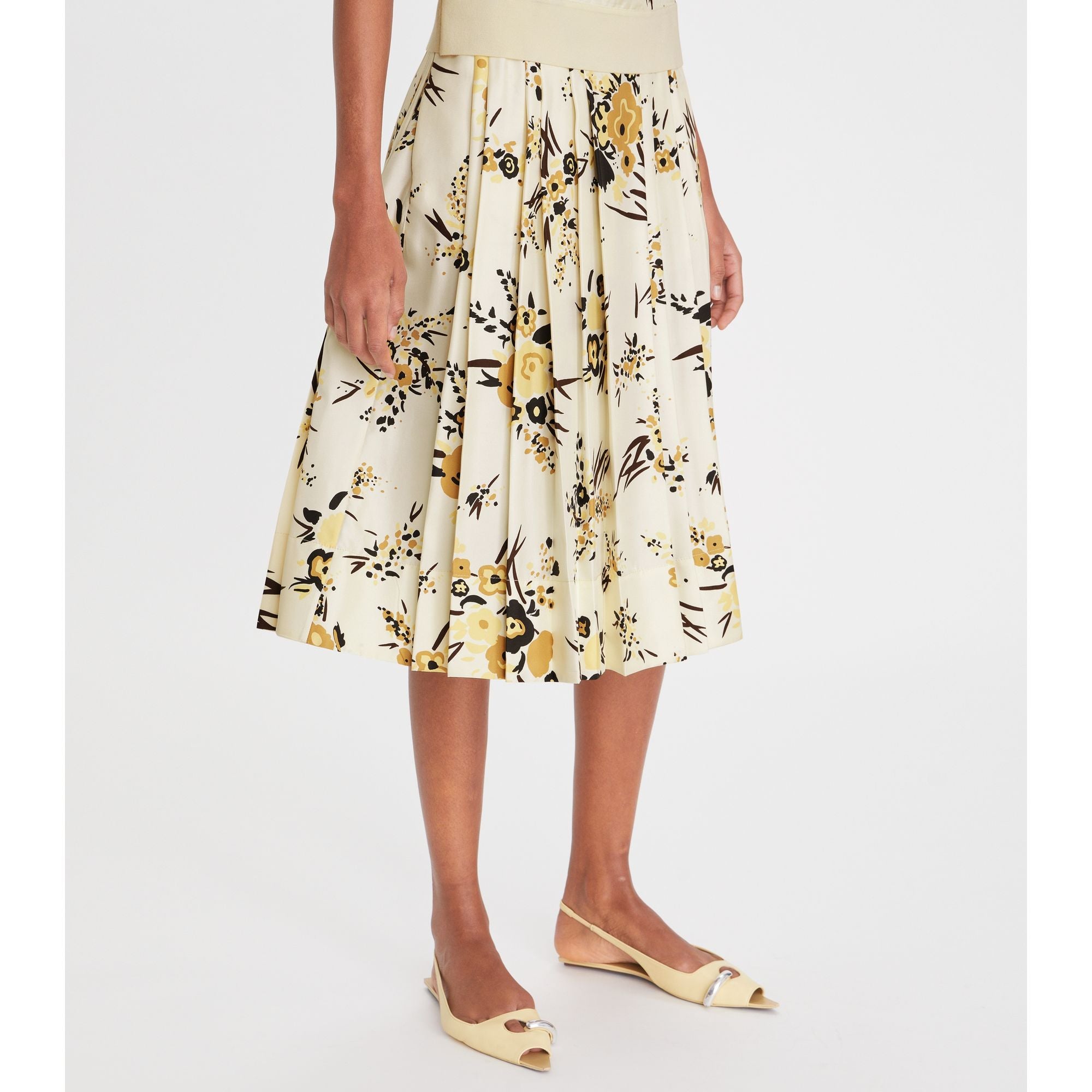 Women Printed Silk Pleated Skirt - French Cream Drip Bouquet