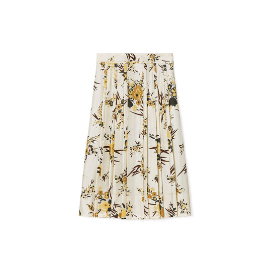 Women Printed Silk Pleated Skirt - French Cream Drip Bouquet