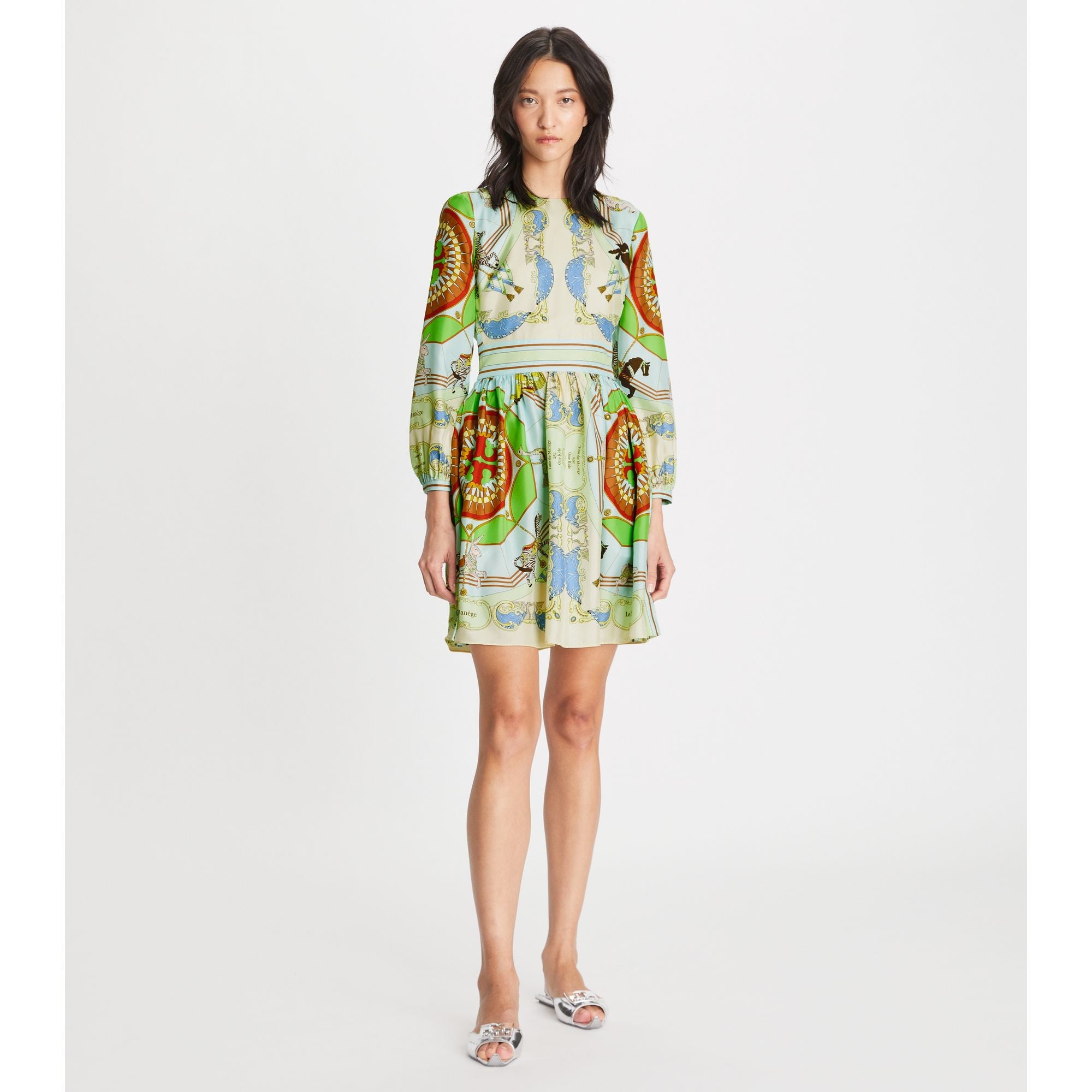 Women Short Printed Silk Dress - Blue Carousel