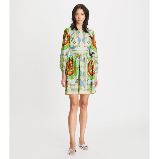 Women Short Printed Silk Dress - Blue Carousel
