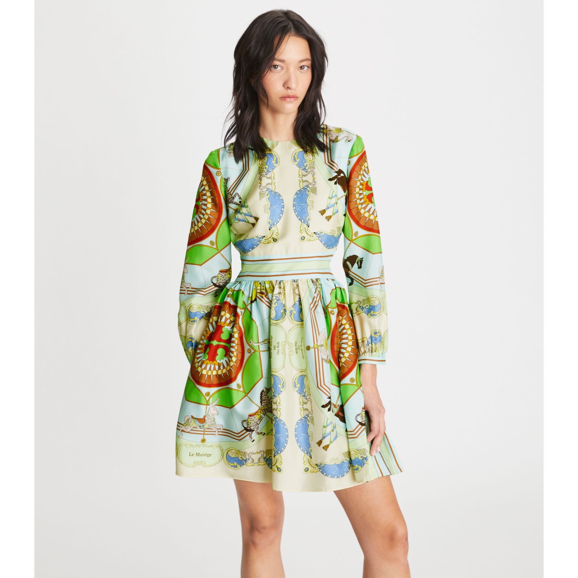 Women Short Printed Silk Dress - Blue Carousel