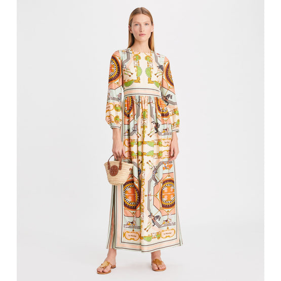 Women Printed Silk Dress - Orange Carousel