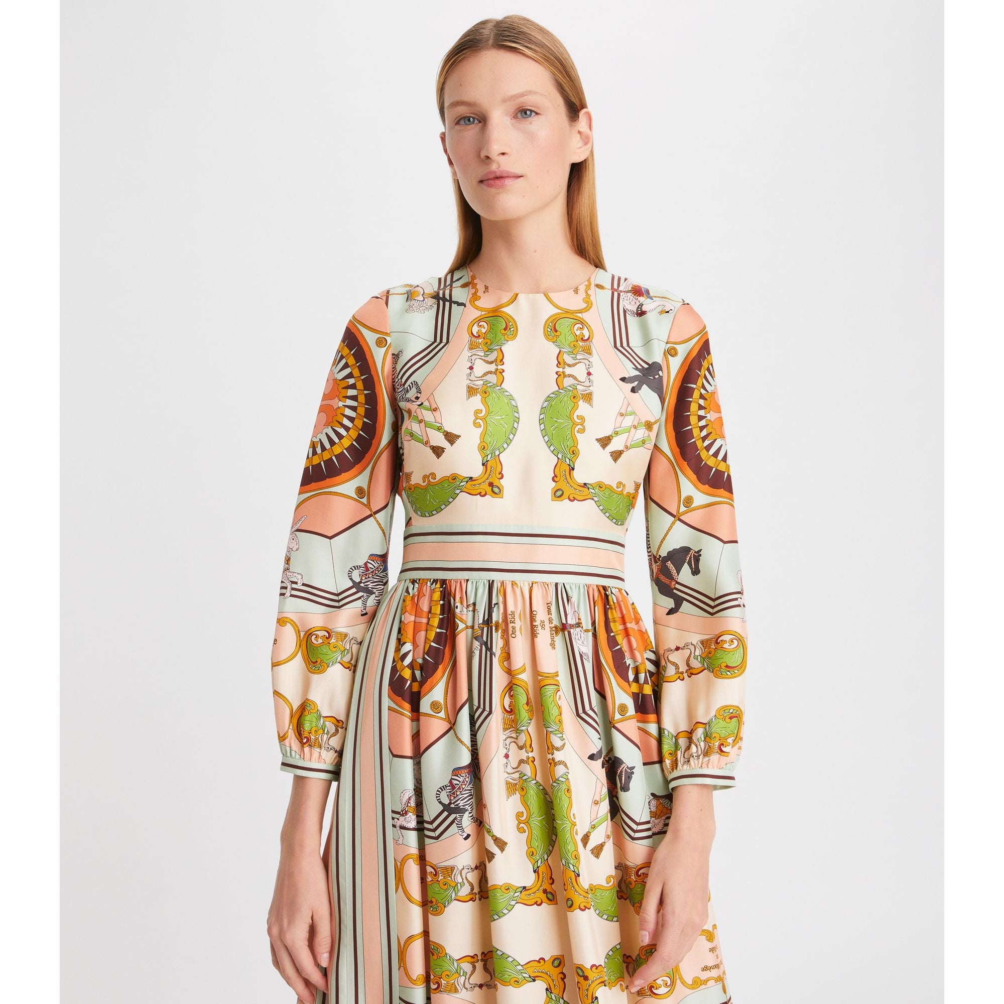 Women Printed Silk Dress - Orange Carousel