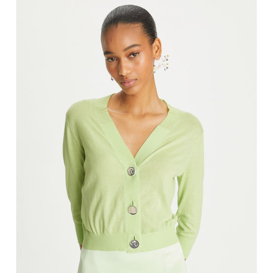 Women Cropped Cotton Cardigan - Light Wasabi