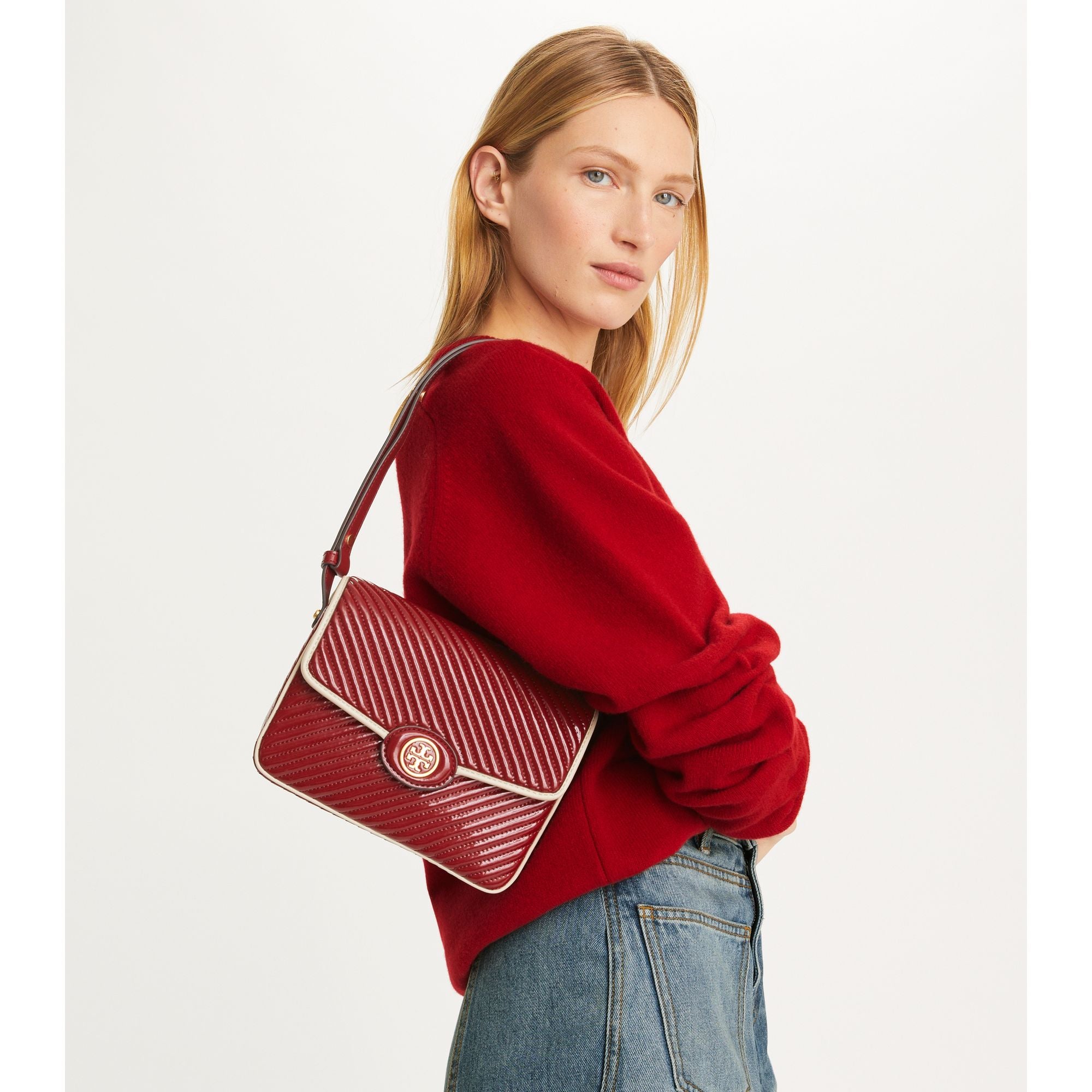 Women Robinson Puffy Patent Quilted Convertible Shoulder Bag - Brick