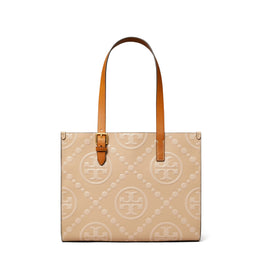 Women T Monogram Contrast Embossed Small Tote - Light Peach