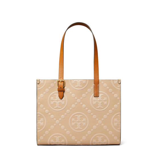 Women T Monogram Contrast Embossed Small Tote - Light Peach