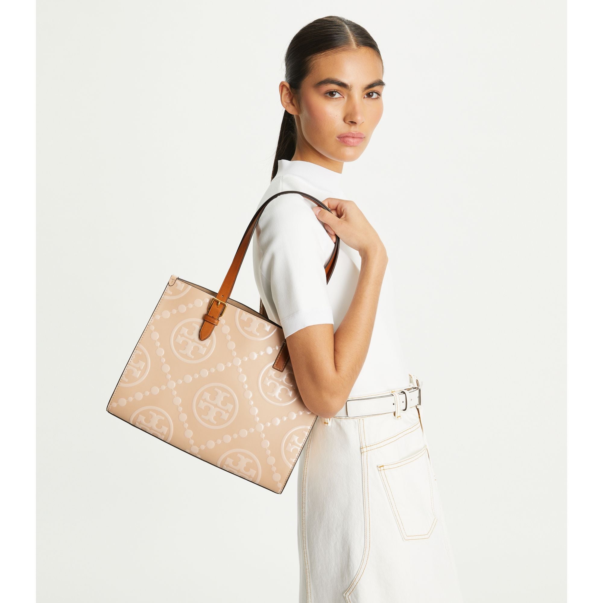 Women T Monogram Contrast Embossed Small Tote - Light Peach