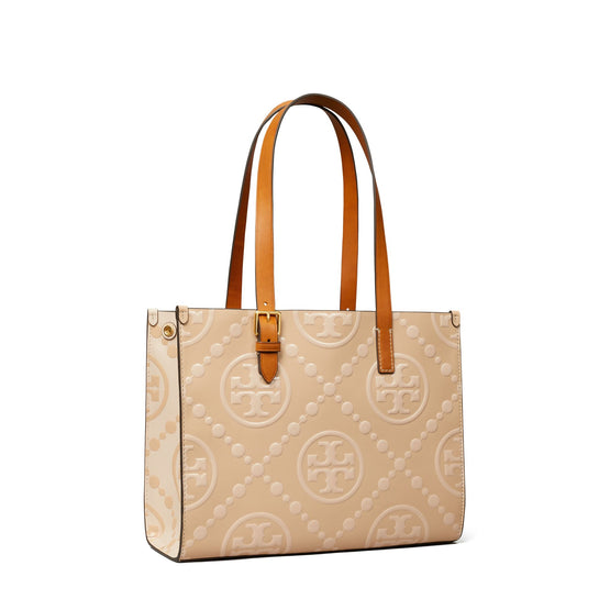Women T Monogram Contrast Embossed Small Tote - Light Peach