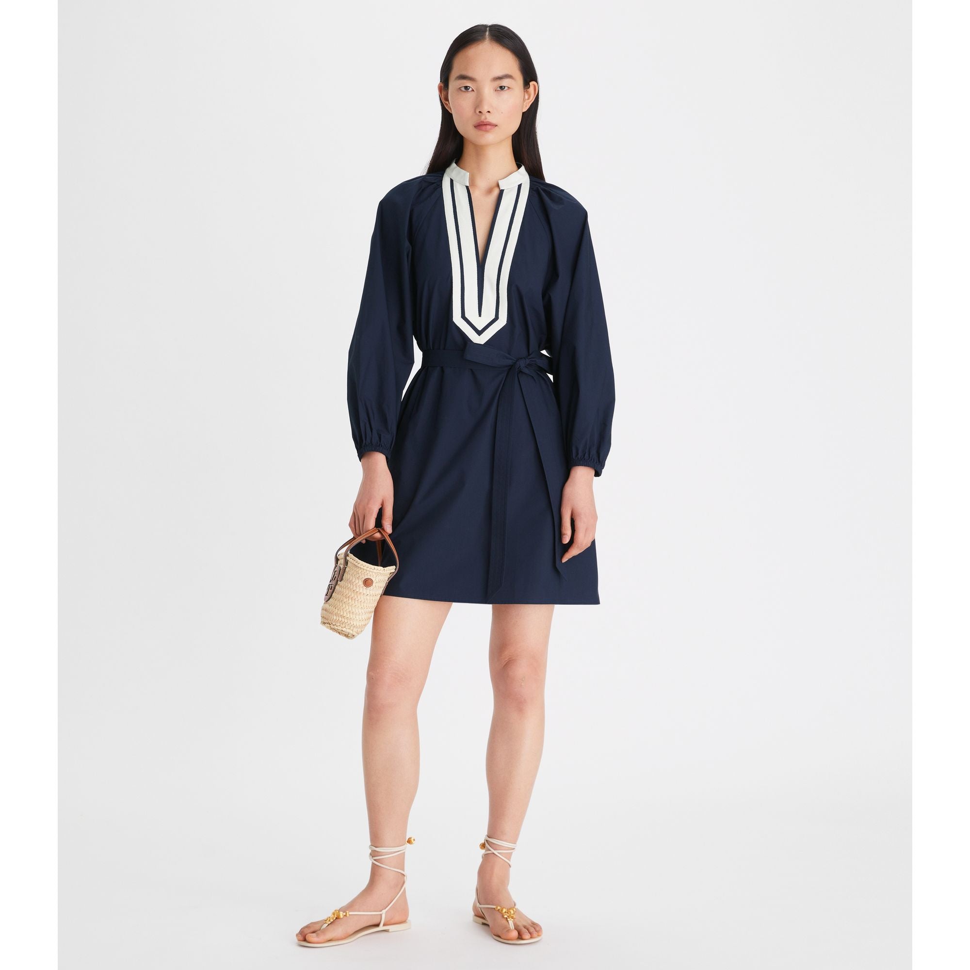 Women Balloon Sleeve Cotton Tunic Dress - Tory Navy