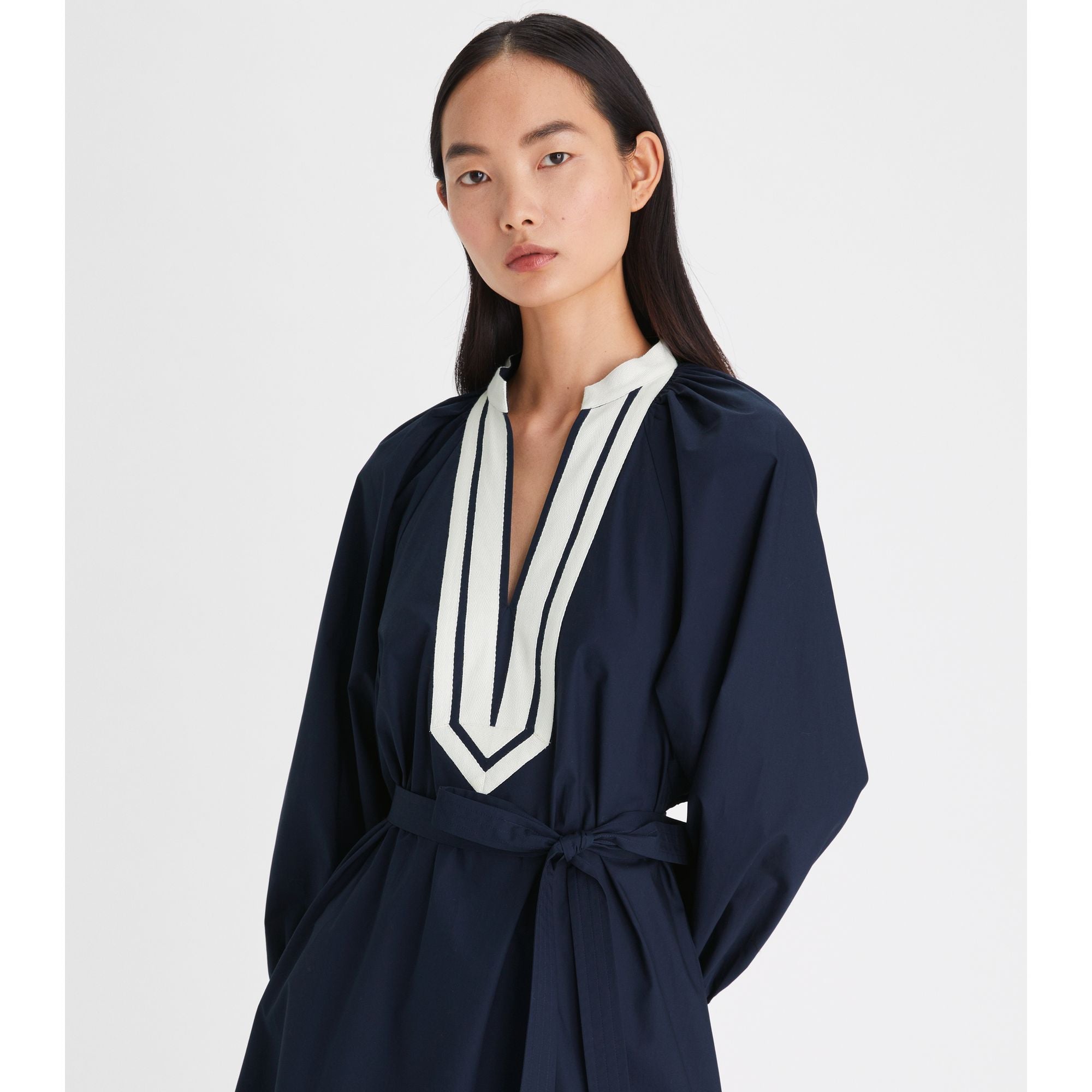 Women Balloon Sleeve Cotton Tunic Dress - Tory Navy