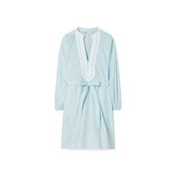 Women Balloon Sleeve Cotton Tunic Dress - Sky Blue