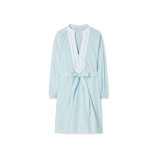 Women Balloon Sleeve Cotton Tunic Dress - Sky Blue