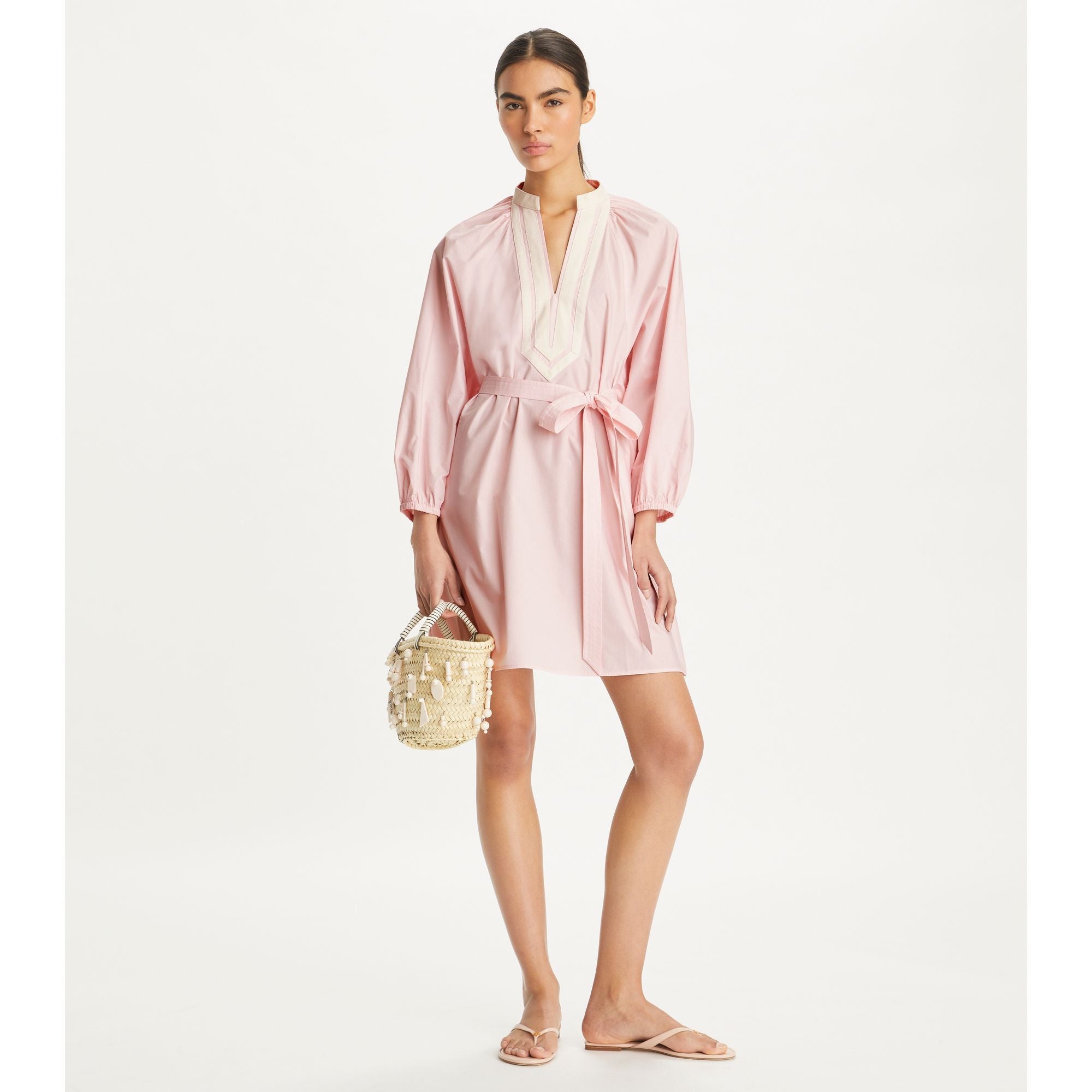 Women Balloon Sleeve Cotton Tunic Dress - Stone Pink