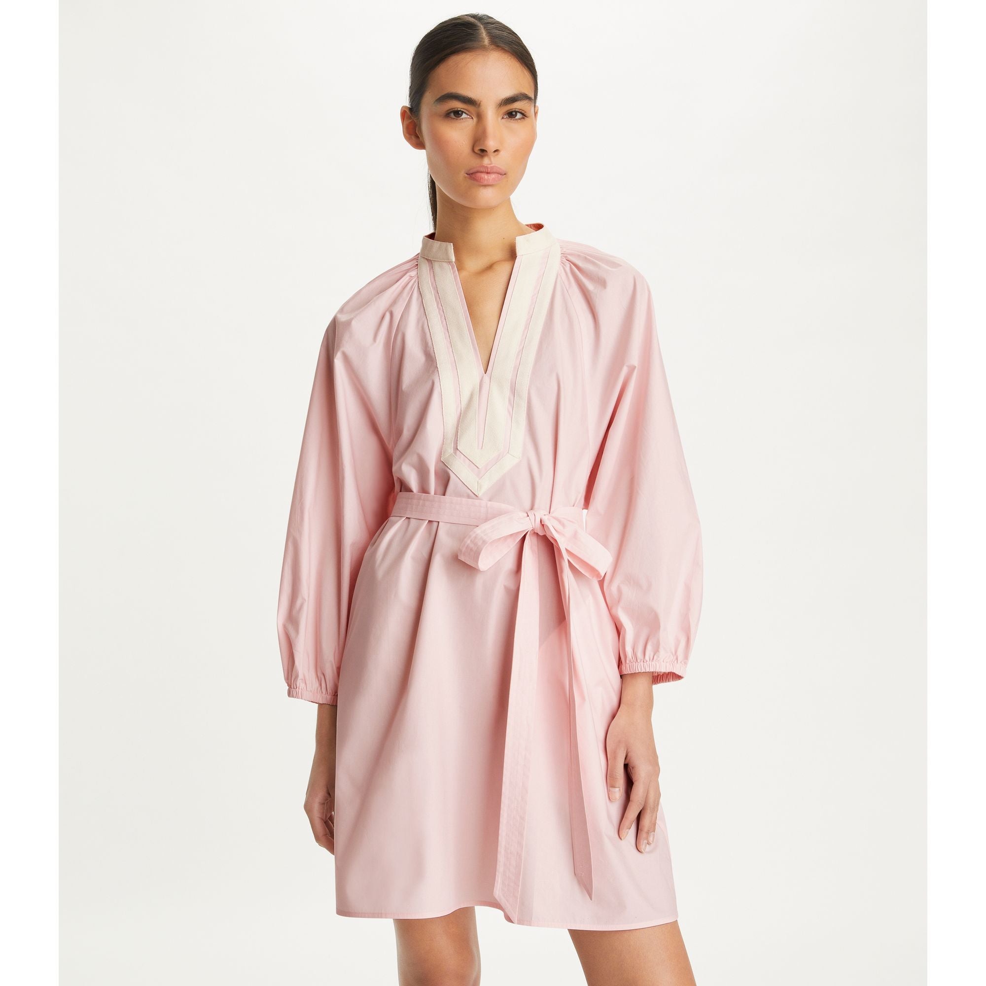 Women Balloon Sleeve Cotton Tunic Dress - Stone Pink