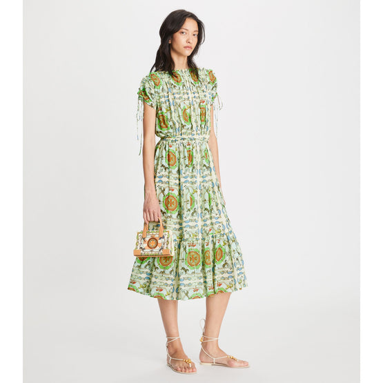 Women Printed Silk Off Shoulder Dress - Blue Carousel