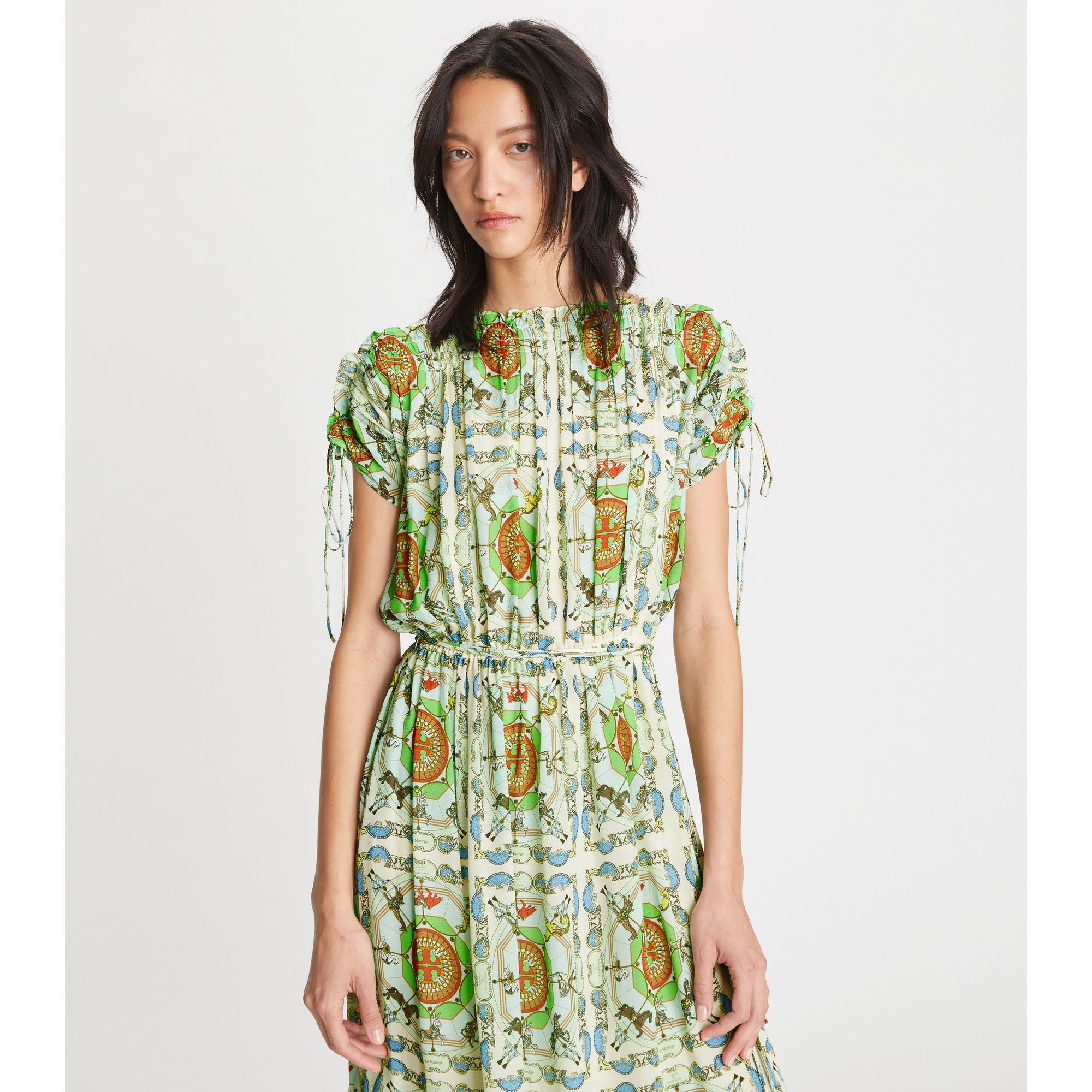 Women Printed Silk Off Shoulder Dress - Blue Carousel