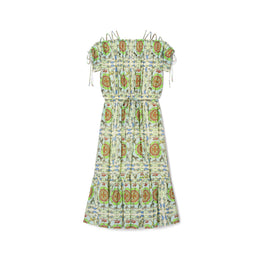 Women Printed Silk Off Shoulder Dress - Blue Carousel