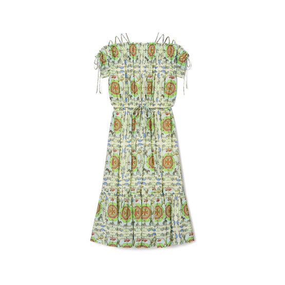 Women Printed Silk Off Shoulder Dress - Blue Carousel