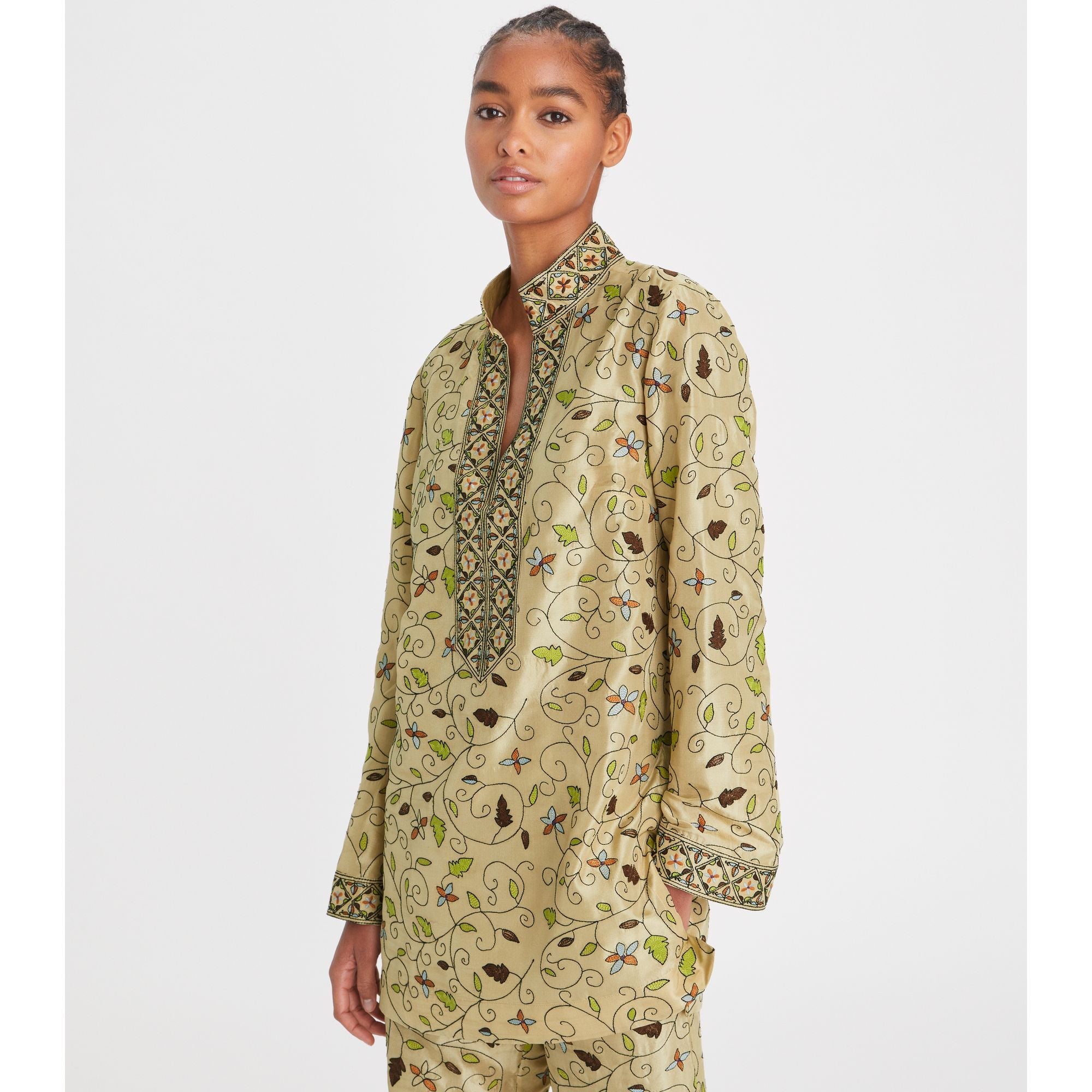 Women Embroidered Silk Tory Tunic - Pale Khaki