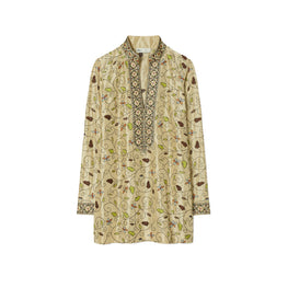 Women Embroidered Silk Tory Tunic - Pale Khaki