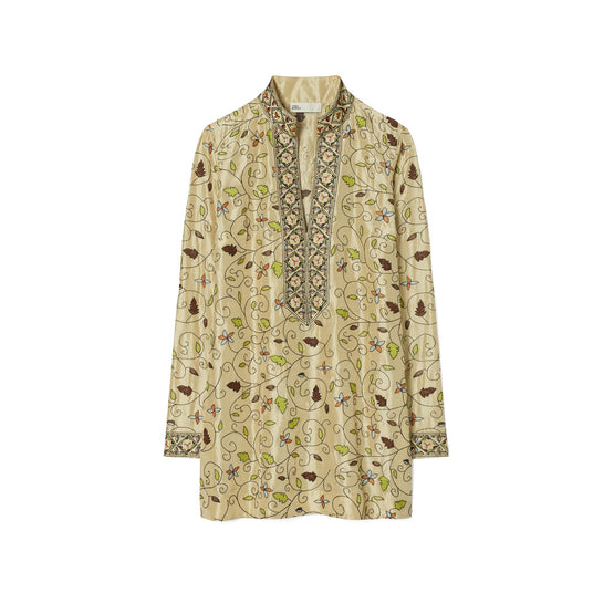 Women Embroidered Silk Tory Tunic - Pale Khaki