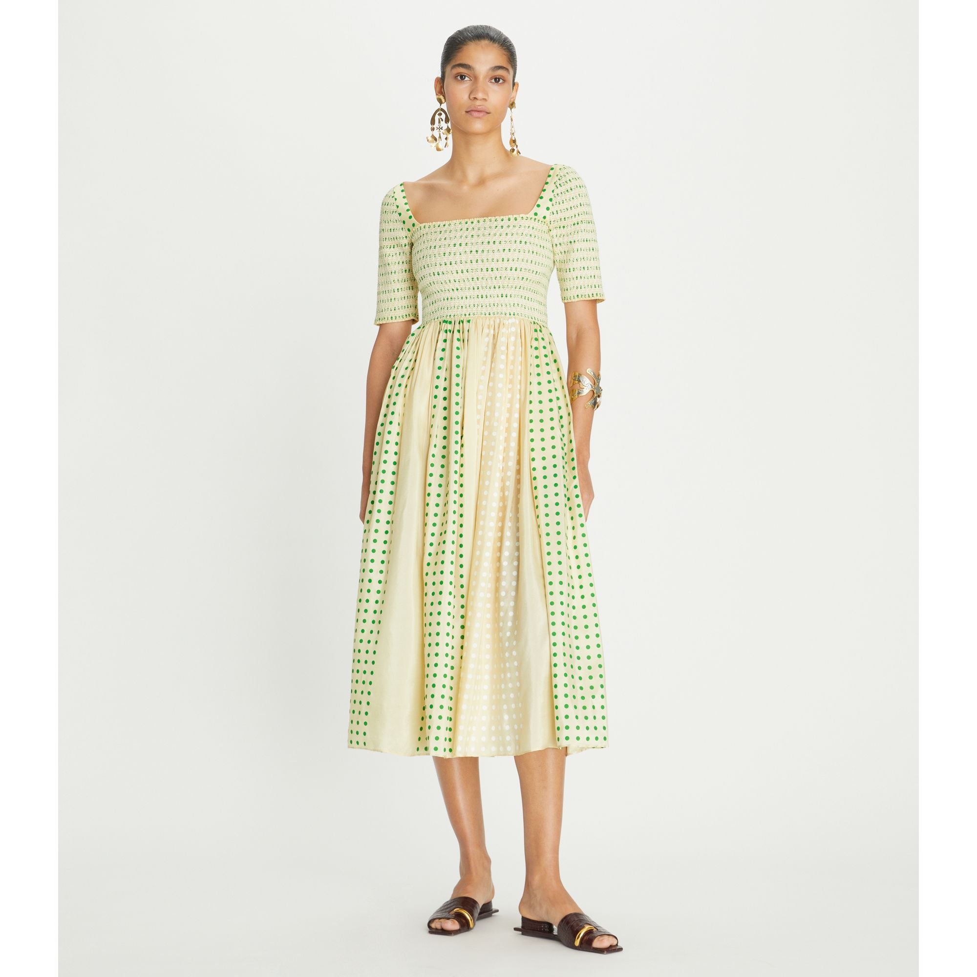 Women Printed Silk Smocked Dress - Overprinted Green Polka Dot