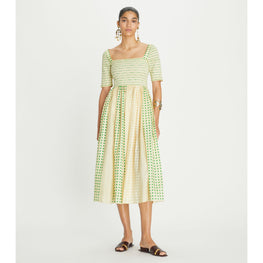 Women Printed Silk Smocked Dress - Overprinted Green Polka Dot
