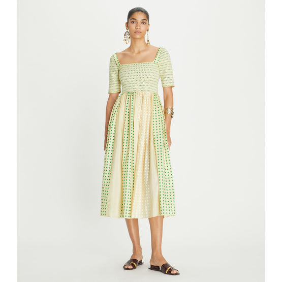 Women Printed Silk Smocked Dress - Overprinted Green Polka Dot