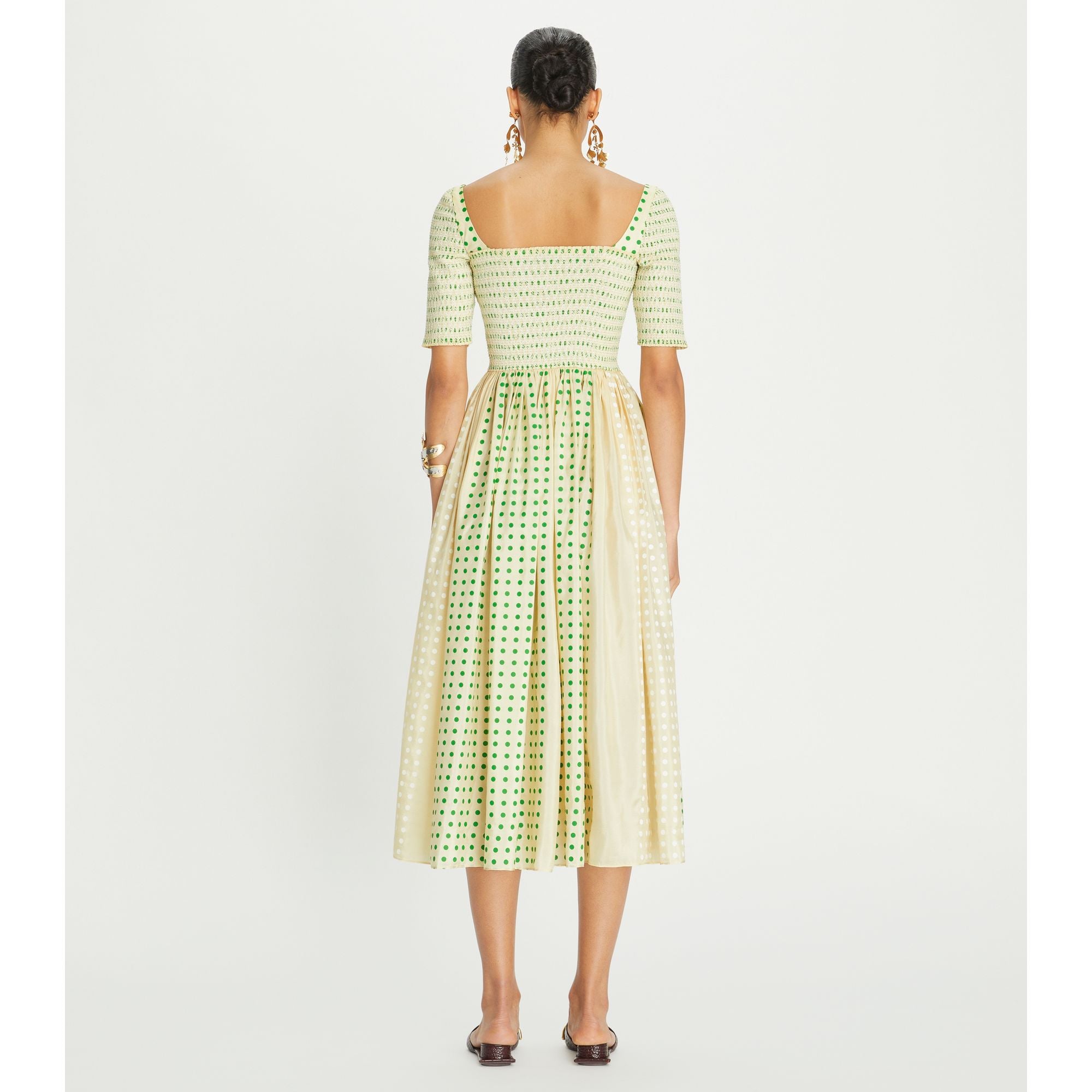Women Printed Silk Smocked Dress - Overprinted Green Polka Dot