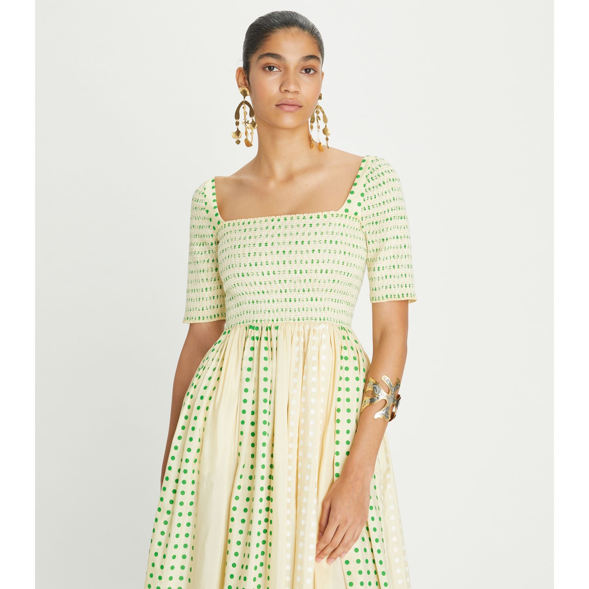 Women Printed Silk Smocked Dress - Overprinted Green Polka Dot