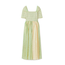Women Printed Silk Smocked Dress - Overprinted Green Polka Dot