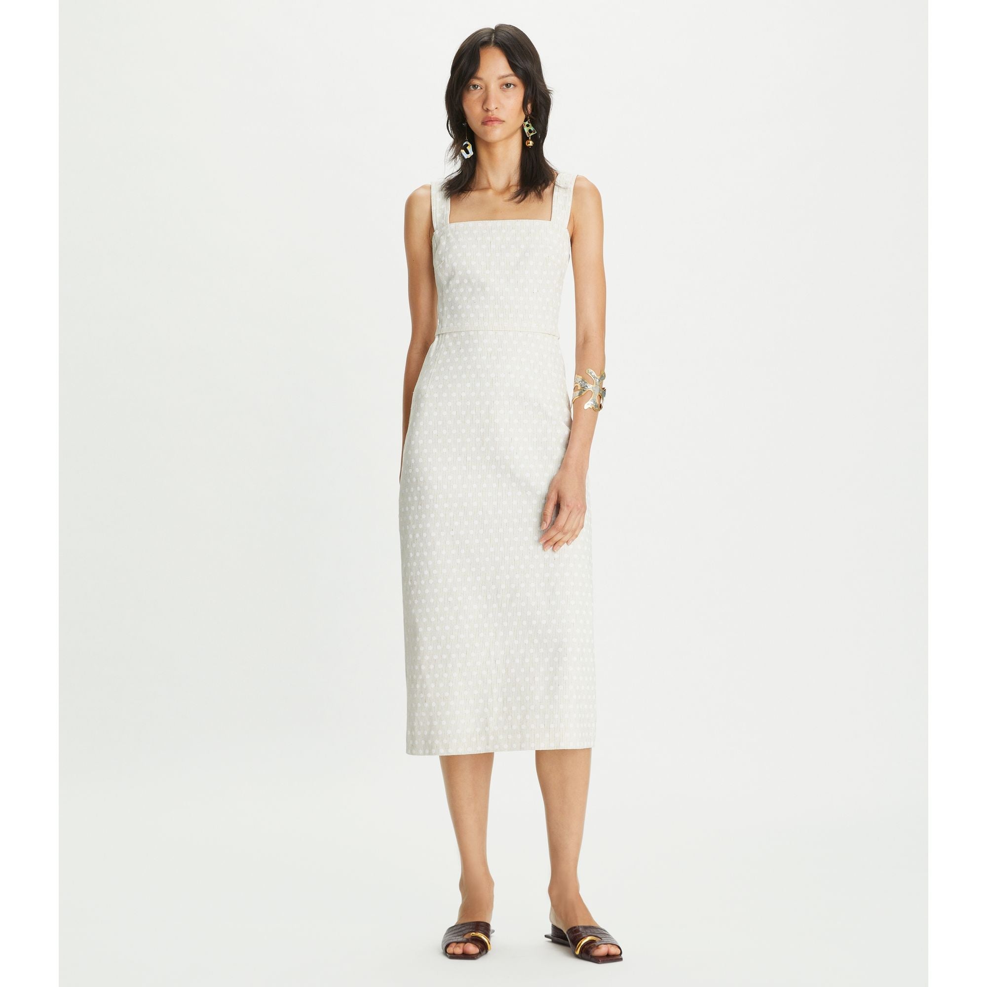 Women Printed Linen Dress - Overprinted White Polka Dot
