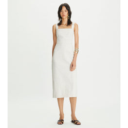 Women Printed Linen Dress - Overprinted White Polka Dot