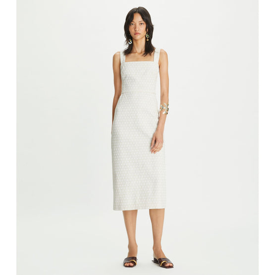 Women Printed Linen Dress - Overprinted White Polka Dot