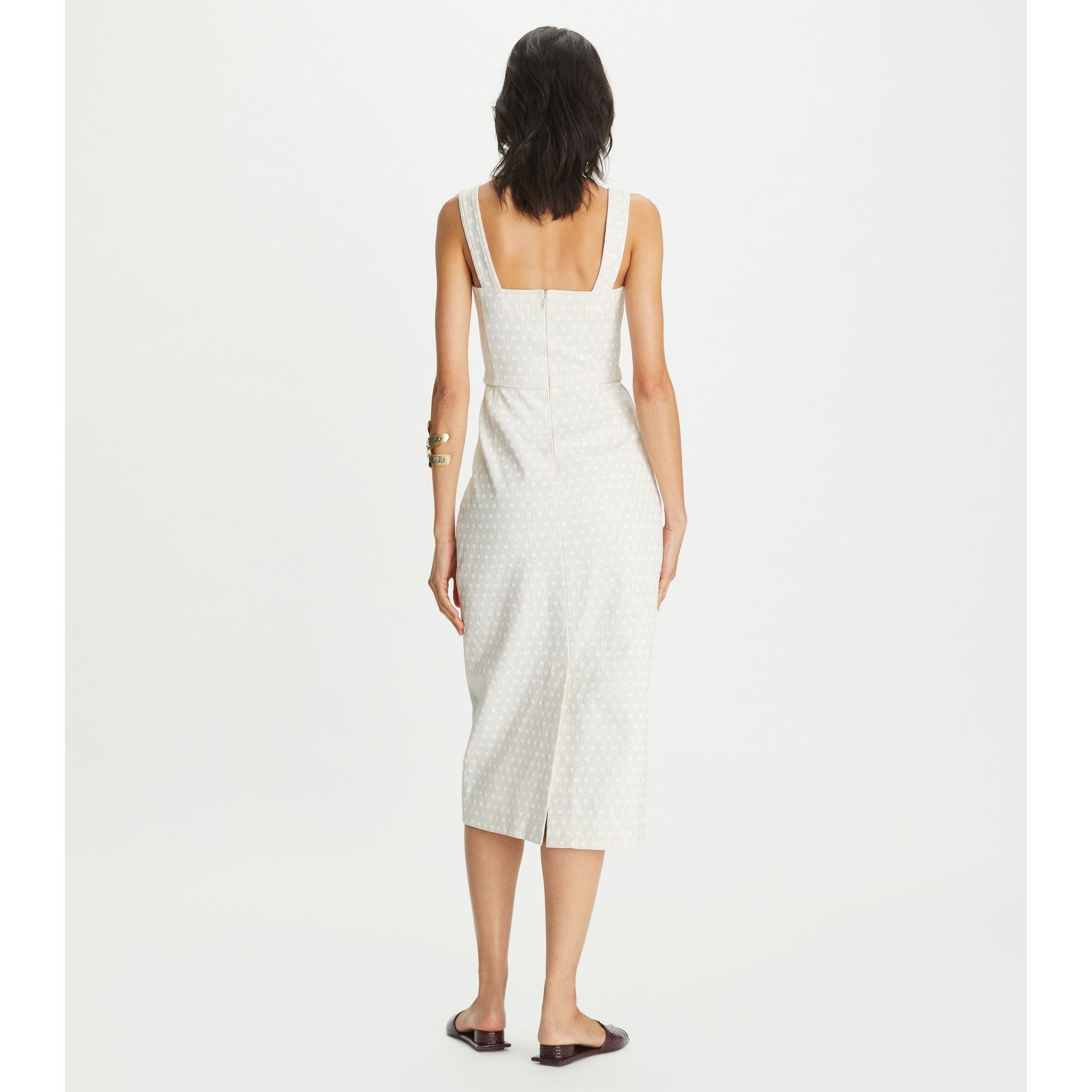 Women Printed Linen Dress - Overprinted White Polka Dot