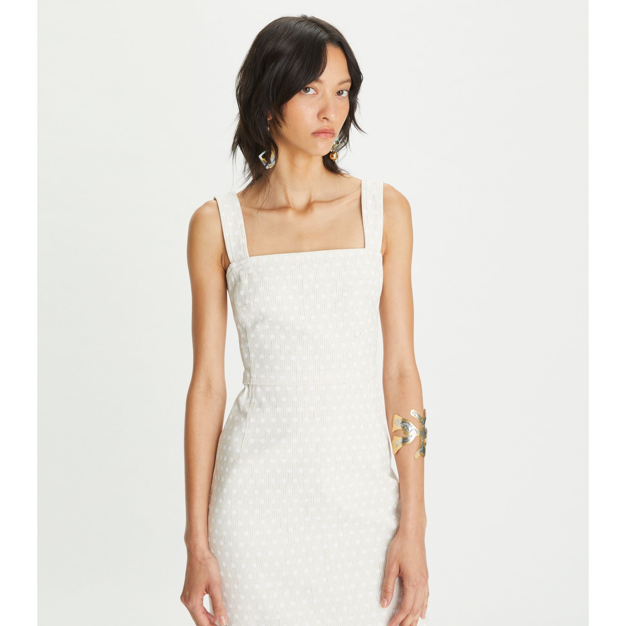 Women Printed Linen Dress - Overprinted White Polka Dot
