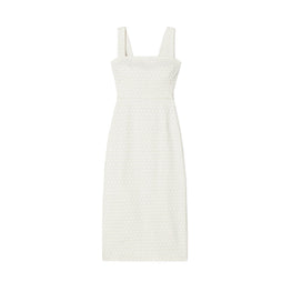 Women Printed Linen Dress - Overprinted White Polka Dot
