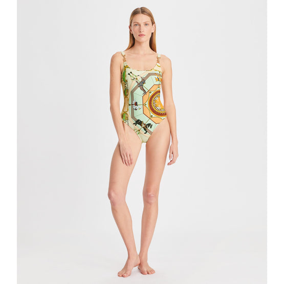Women Printed Clip Tank Swimsuit - Orange Carousel