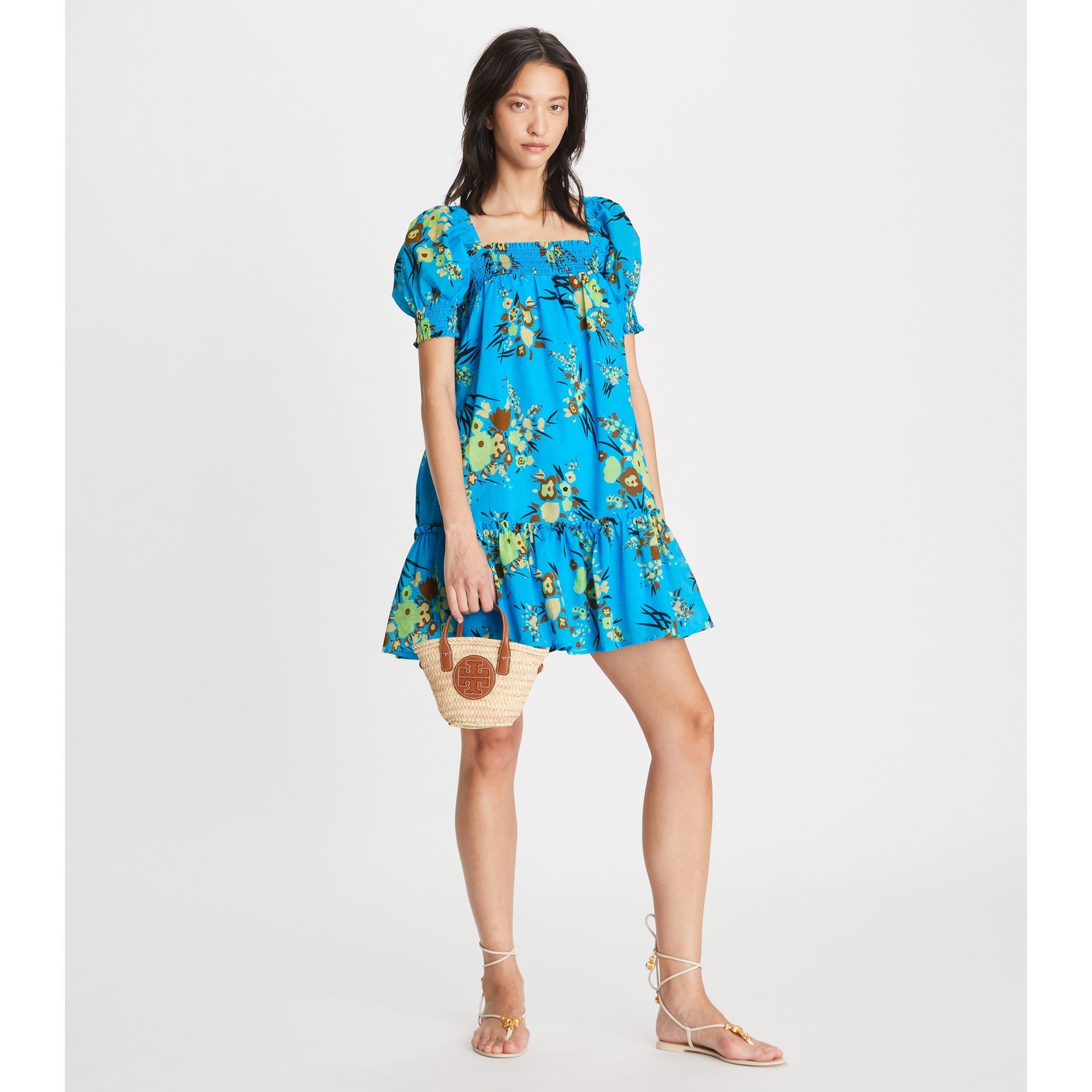 Women Printed Smocked Mini Dress - Blue Drip Bouquet