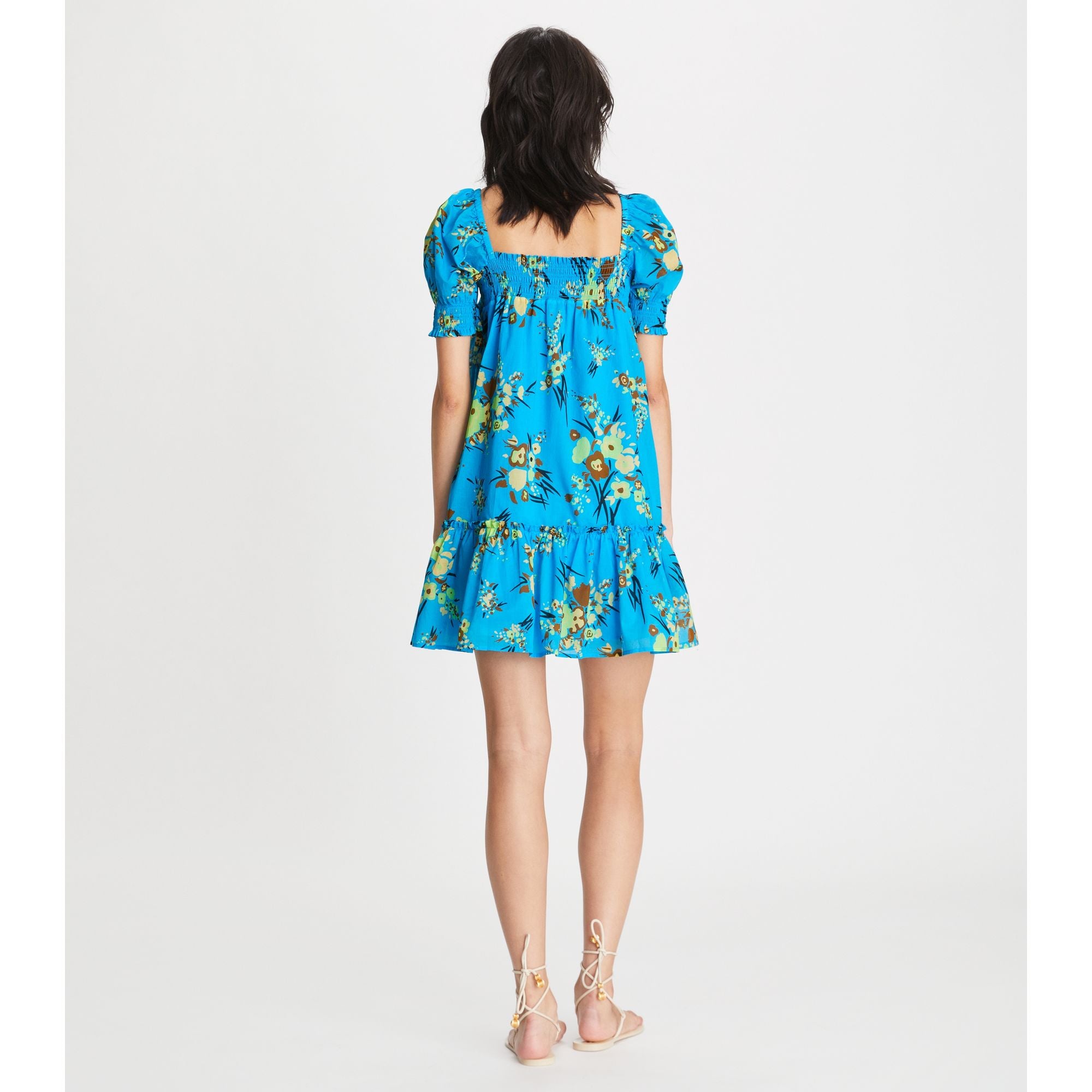Women Printed Smocked Mini Dress - Blue Drip Bouquet