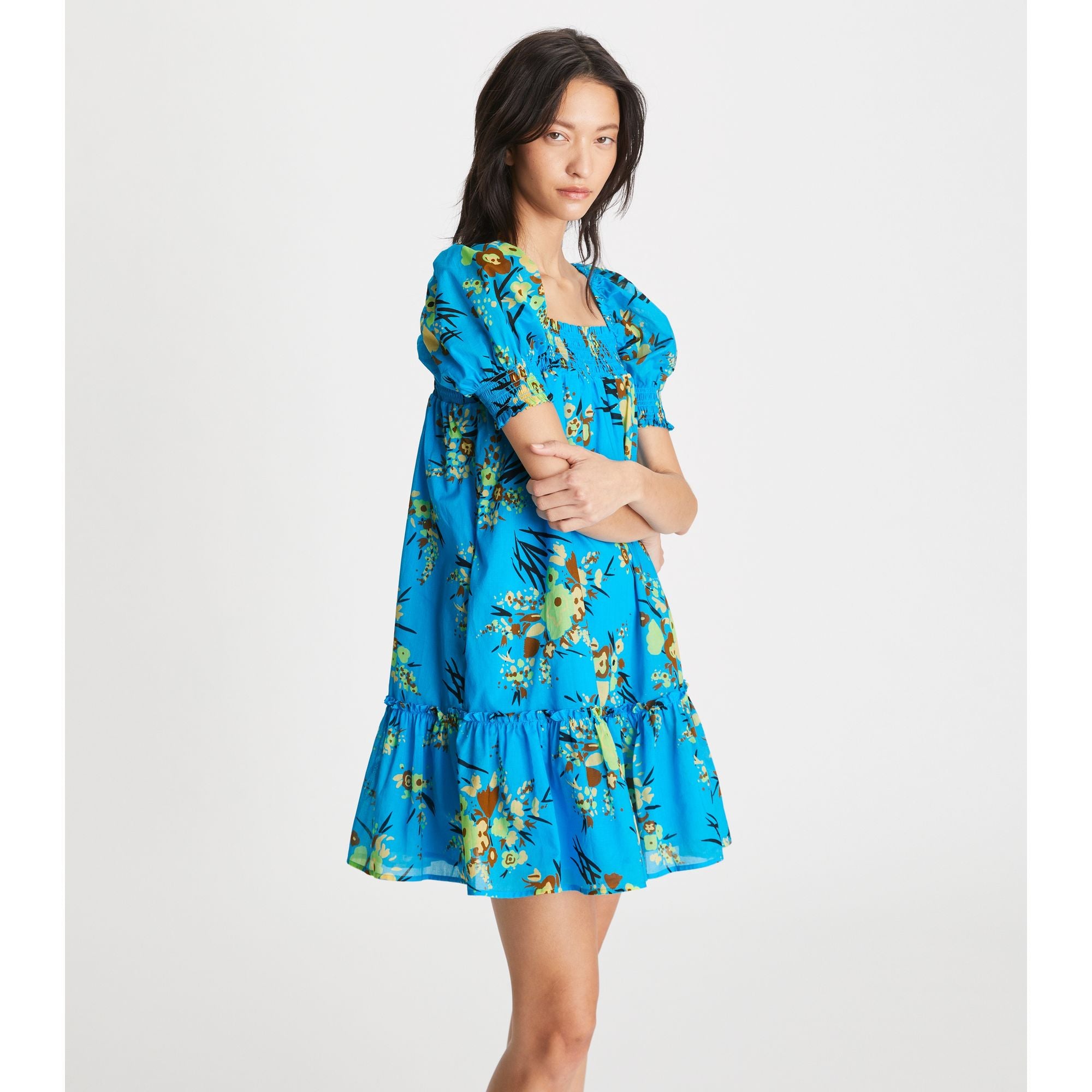 Women Printed Smocked Mini Dress - Blue Drip Bouquet