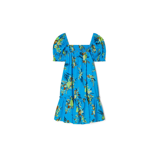 Women Printed Smocked Mini Dress - Blue Drip Bouquet