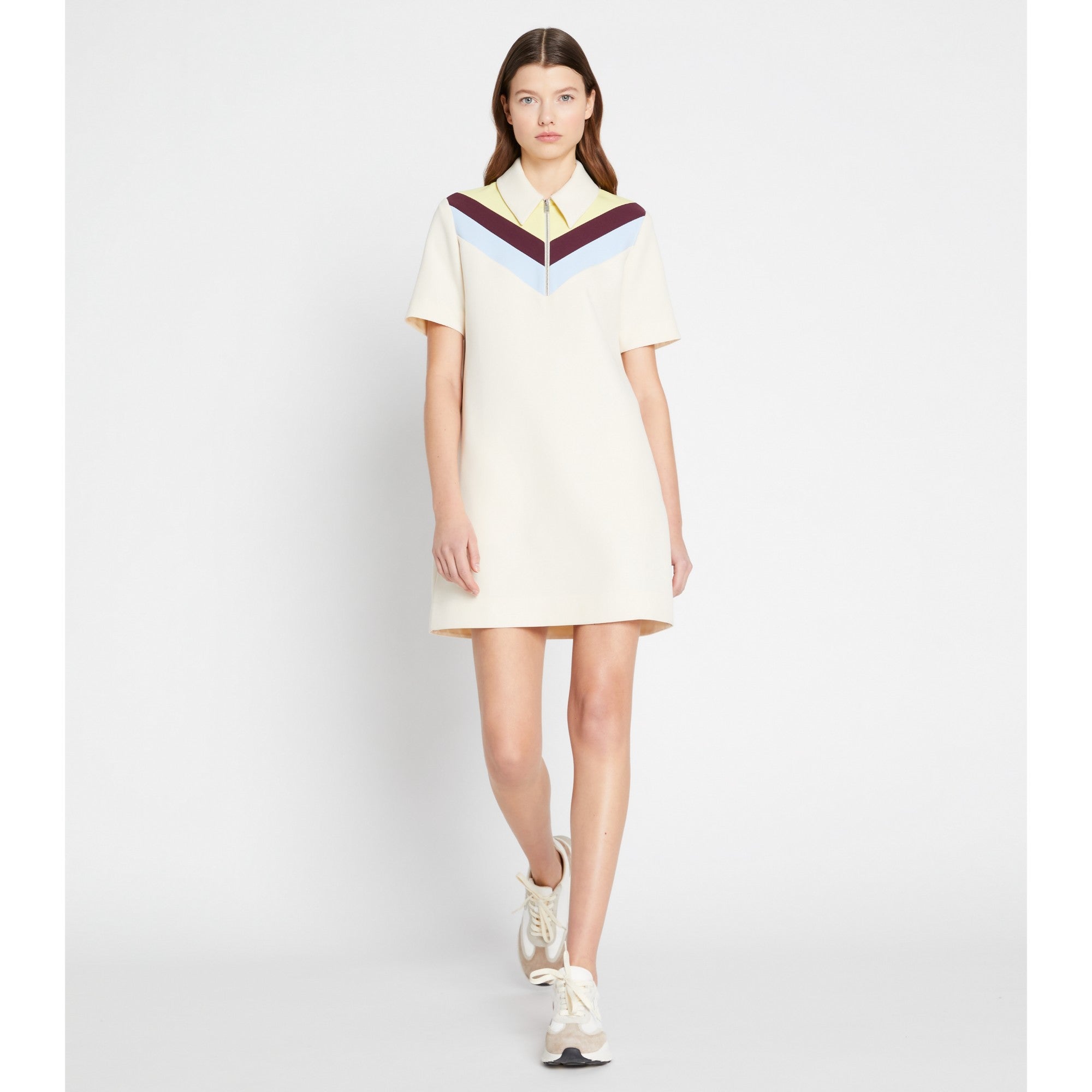 Women Chevron Polo Zip Dress - Sesame / Lemon Glow