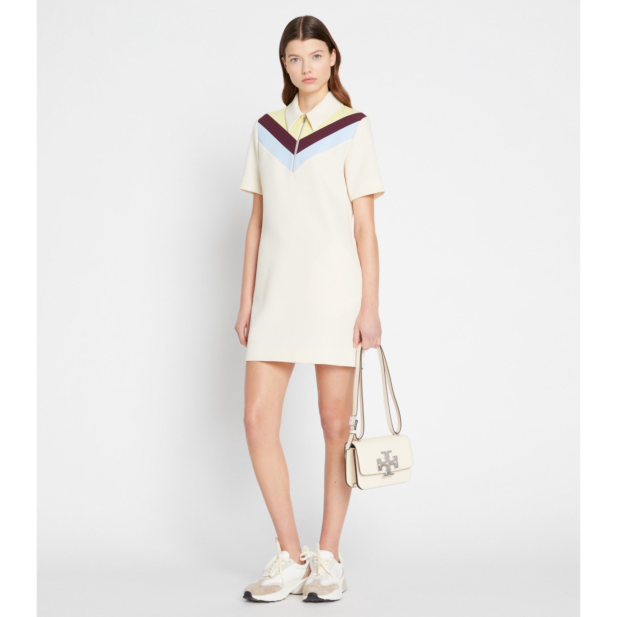 Women Chevron Polo Zip Dress - Sesame / Lemon Glow